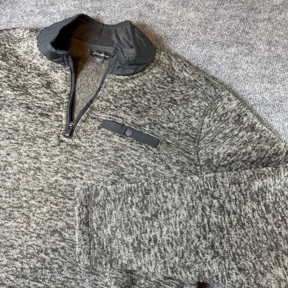 Eddie Bauer Mens Large Marled Grey Fleece Lined Quarter Zip Pullover Sweater
